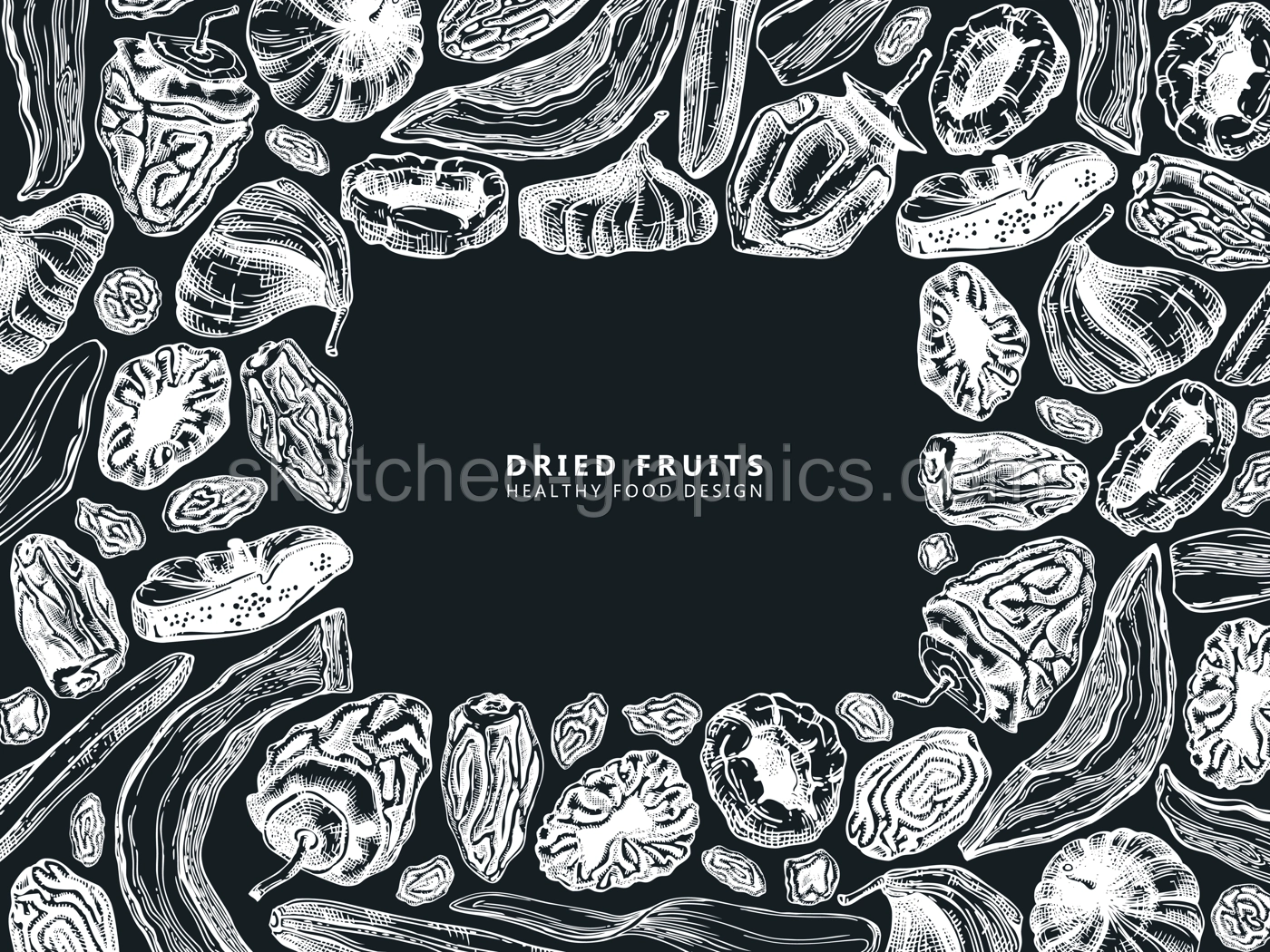 Dried fruits and berries frame on chalkboard . Hand- sketched dried fruit design - dried fig, apricot, banana, persimmon, dates, prune, raisin. For vegan food, snacks, breakfast, granola, desserts. Illustration